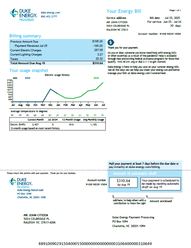 USA Duke Energy utility bill template in Word and PDF formats, version 3